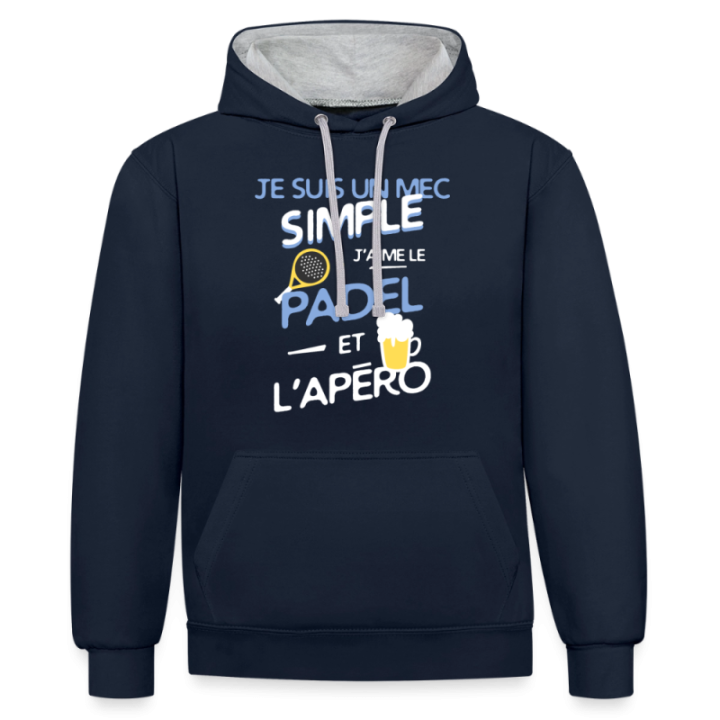 Sweat-shirt à capuche contrasté unisexe - Un mec simple: Padel et apéro - bleu marine/gris chiné - front