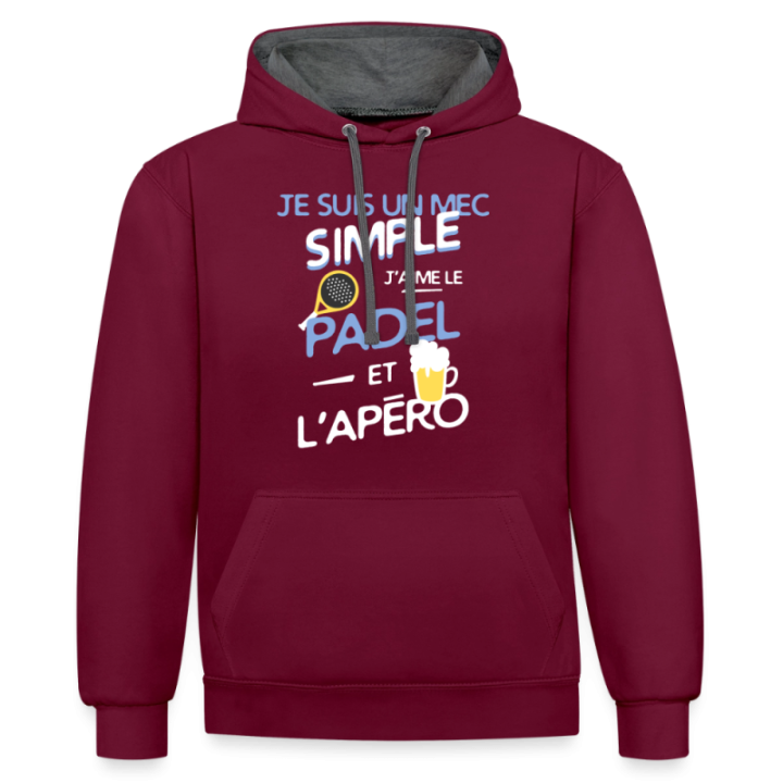 Sweat-shirt à capuche contrasté unisexe - Un mec simple: Padel et apéro - bordeaux/anthracite - front