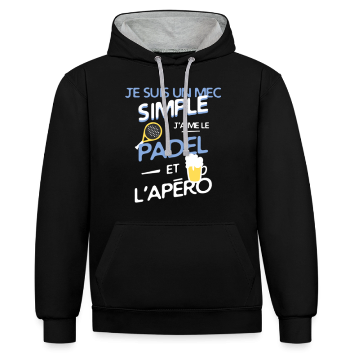 Sweat-shirt à capuche contrasté unisexe - Un mec simple: Padel et apéro - noir/gris chiné - front