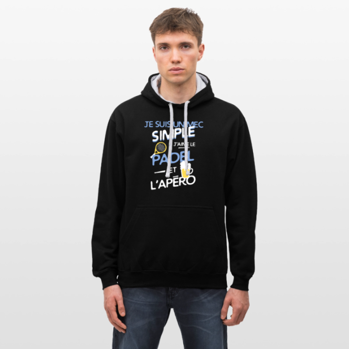 Sweat-shirt à capuche contrasté unisexe - Un mec simple: Padel et apéro - noir/gris chiné - front