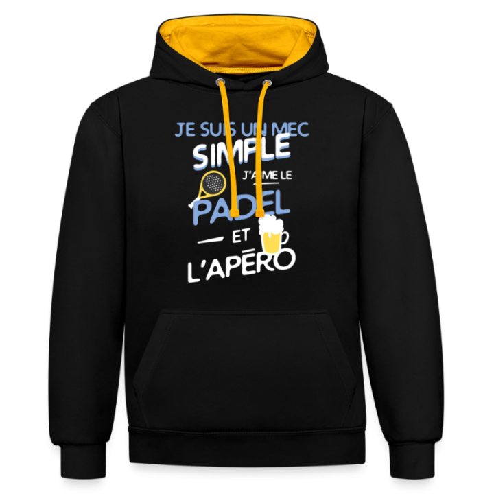 Sweat-shirt à capuche contrasté unisexe - Un mec simple: Padel et apéro - noir/or - front