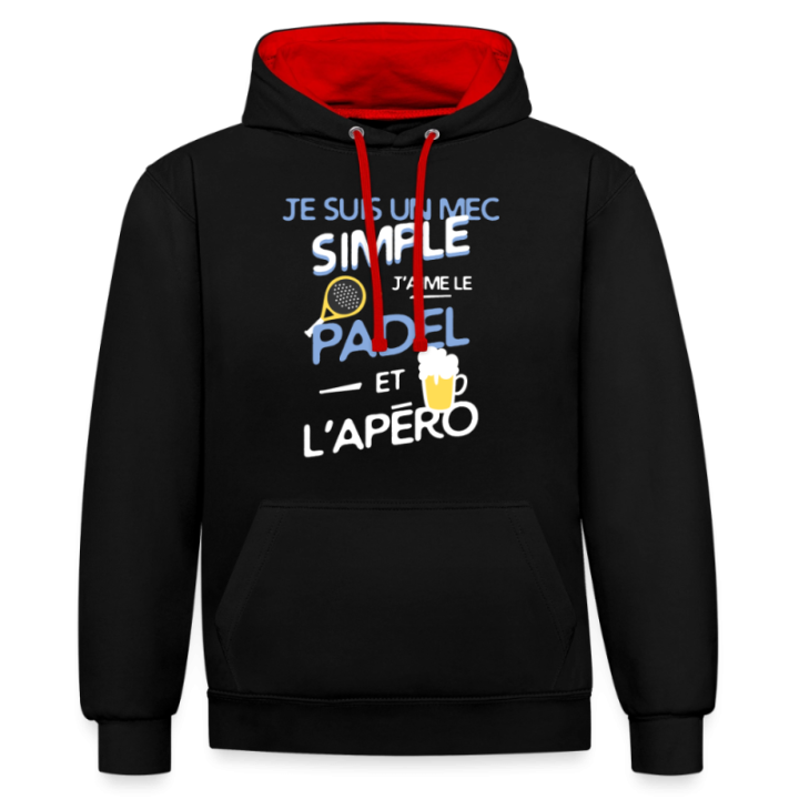 Sweat-shirt à capuche contrasté unisexe - Un mec simple: Padel et apéro - noir/rouge - front