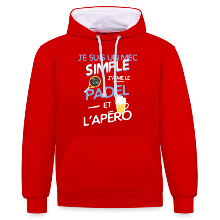 Sweat-shirt à capuche contrasté unisexe - Un mec simple: Padel et apéro - rouge/blanc - front