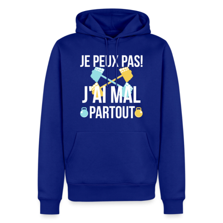Sweat-shirt à capuche premium homme - Je peux pas j'ai mal partout - bleu roi - front