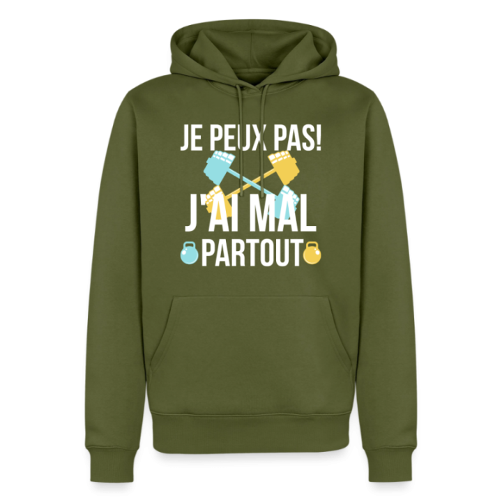 Sweat-shirt à capuche premium homme - Je peux pas j'ai mal partout - kaki - front