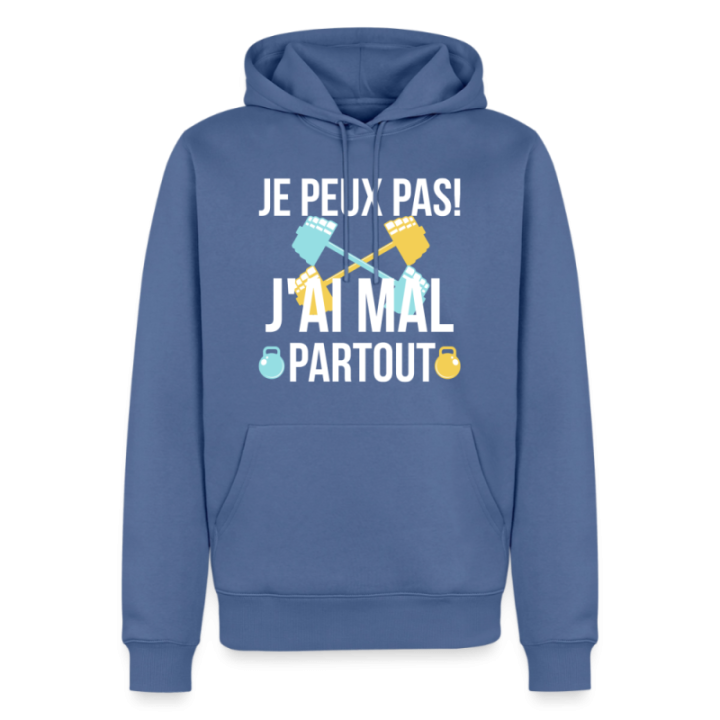 Sweat-shirt à capuche premium homme - Je peux pas j'ai mal partout - bleu pigeon - front
