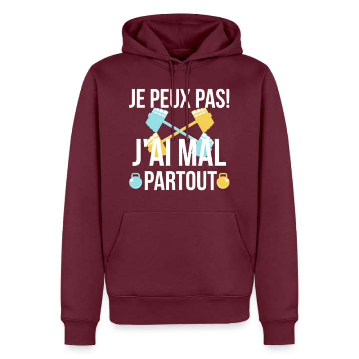 Sweat-shirt à capuche premium homme - Je peux pas j'ai mal partout - bourgogne - front
