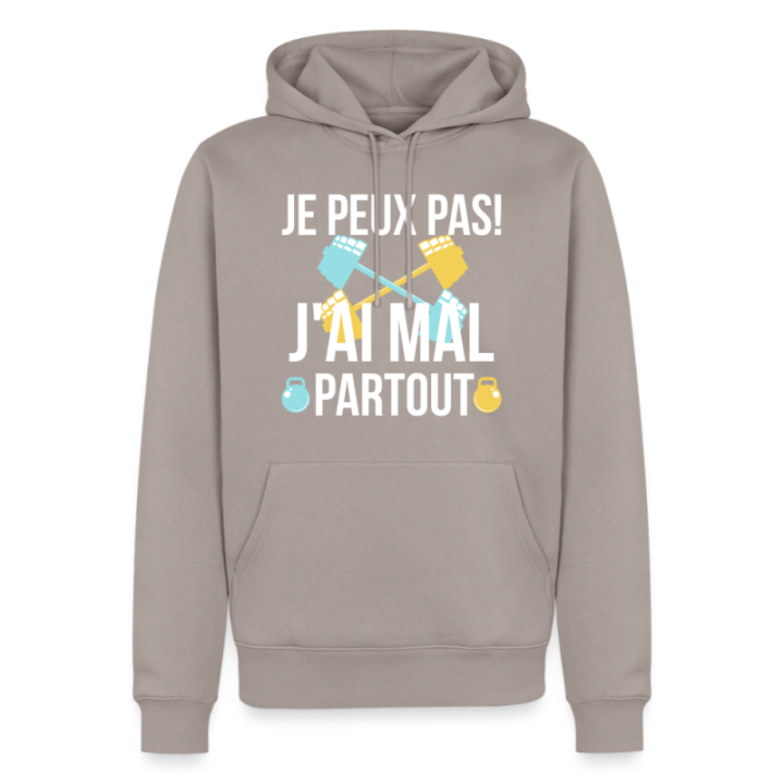 Sweat-shirt à capuche premium homme - Je peux pas j'ai mal partout - taupe - front