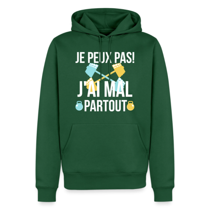 Sweat-shirt à capuche premium homme - Je peux pas j'ai mal partout - vert bouteille - front