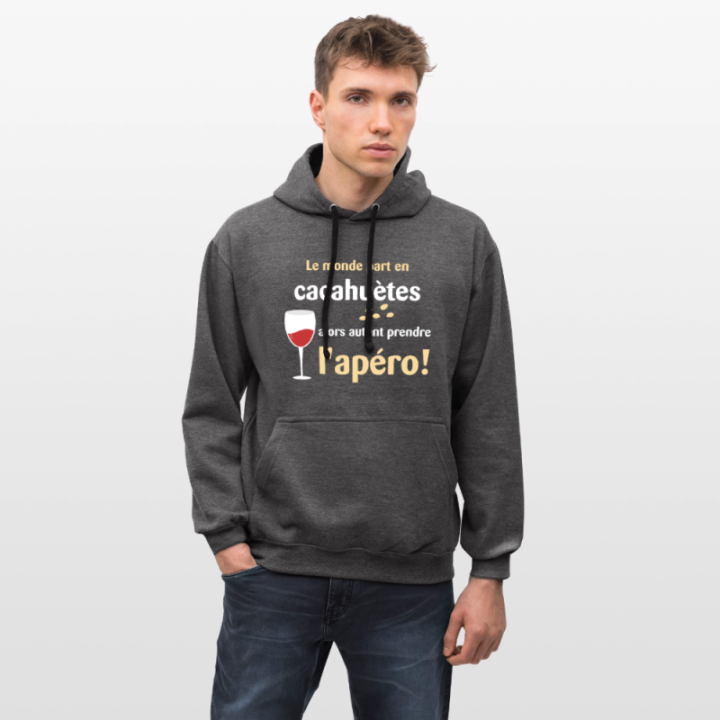 Sweat-shirt à capuche contrasté unisexe - Le monde part en cacahuètes - anthracite/noir - front