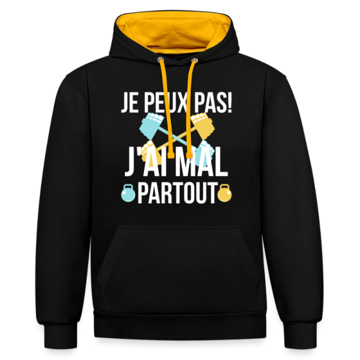 Sweat-shirt à capuche contrasté unisexe - Je peux pas j'ai mal partout - noir/or - front
