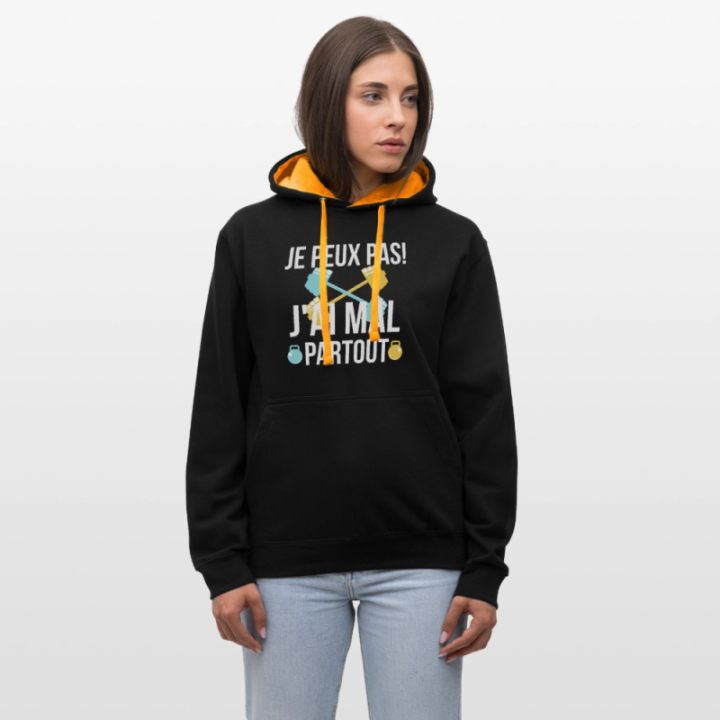 Sweat-shirt à capuche contrasté unisexe - Je peux pas j'ai mal partout - noir/or - front