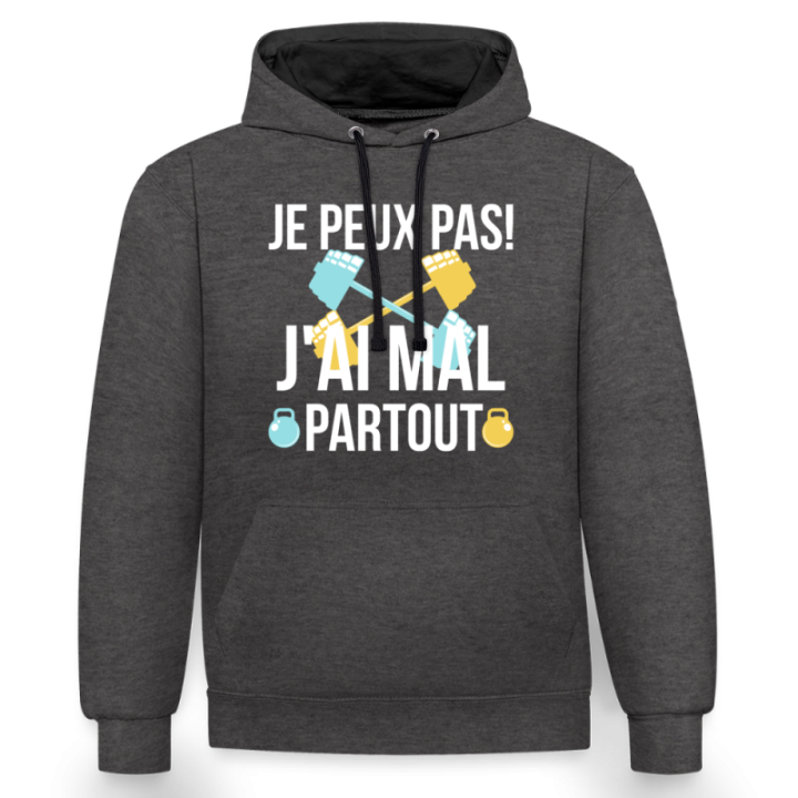 Sweat-shirt à capuche contrasté unisexe - Je peux pas j'ai mal partout - anthracite/noir - front