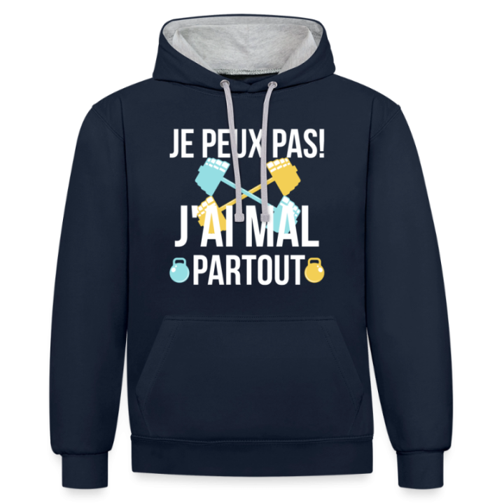 Sweat-shirt à capuche contrasté unisexe - Je peux pas j'ai mal partout - bleu marine/gris chiné - front