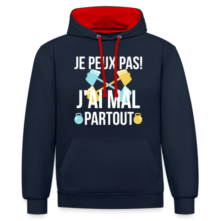 Sweat-shirt à capuche contrasté unisexe - Je peux pas j'ai mal partout - bleu marine/rouge - front