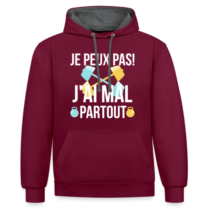Sweat-shirt à capuche contrasté unisexe - Je peux pas j'ai mal partout - bordeaux/anthracite - front