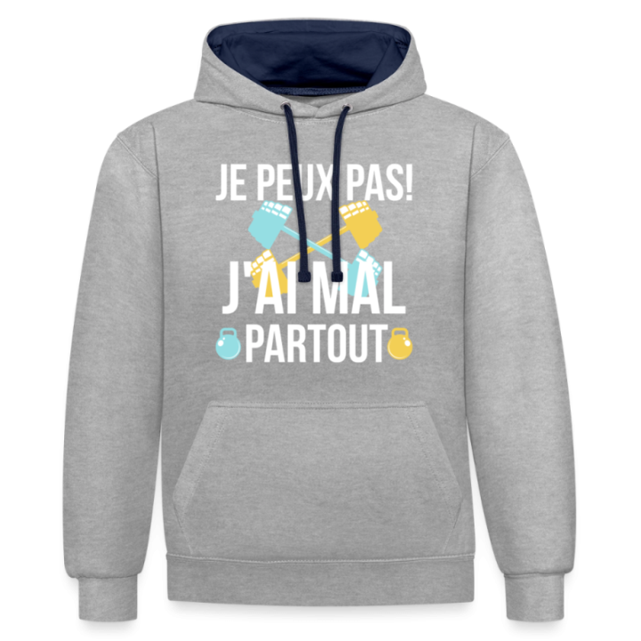 Sweat-shirt à capuche contrasté unisexe - Je peux pas j'ai mal partout - gris chiné/bleu marine - front