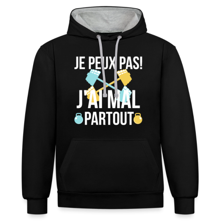 Sweat-shirt à capuche contrasté unisexe - Je peux pas j'ai mal partout - noir/gris chiné - front