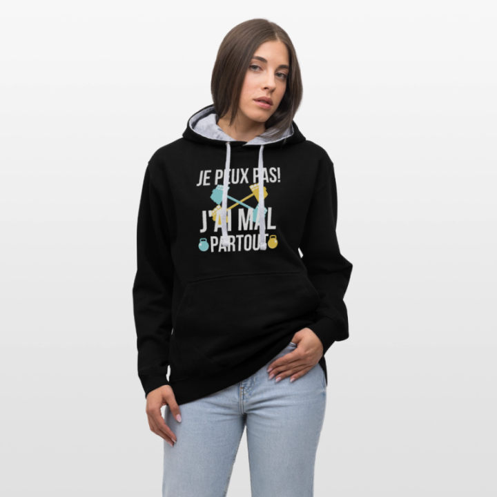 Sweat-shirt à capuche contrasté unisexe - Je peux pas j'ai mal partout - noir/gris chiné - front