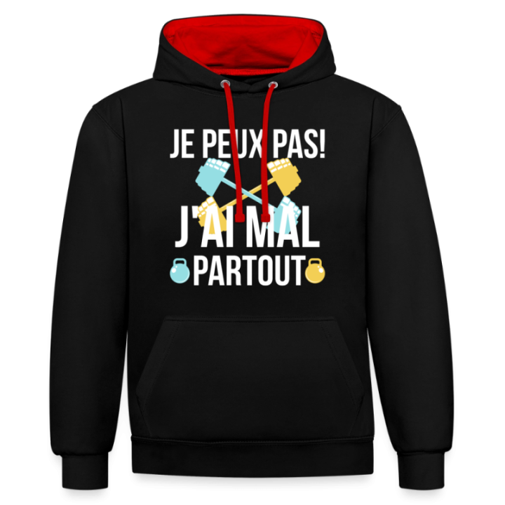 Sweat-shirt à capuche contrasté unisexe - Je peux pas j'ai mal partout - noir/rouge - front