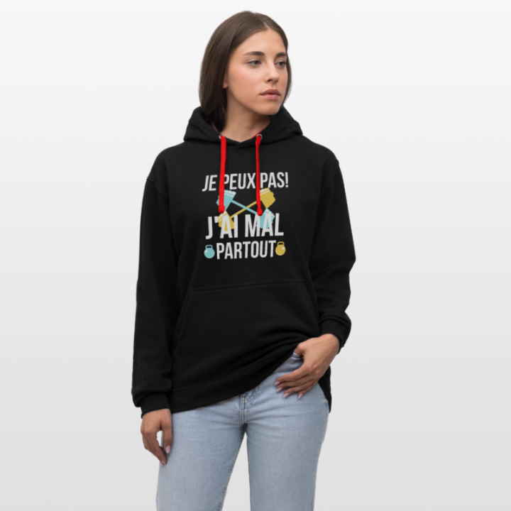 Sweat-shirt à capuche contrasté unisexe - Je peux pas j'ai mal partout - noir/rouge - front