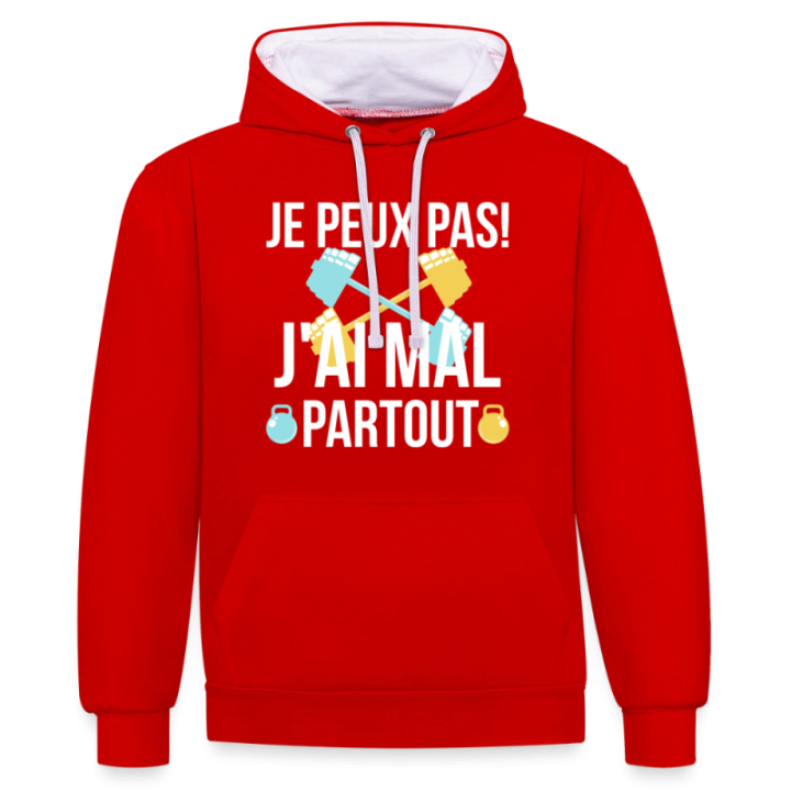Sweat-shirt à capuche contrasté unisexe - Je peux pas j'ai mal partout - rouge/blanc - front