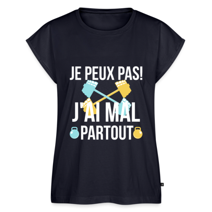 T-shirt à manches retroussées femme - Je peux pas j'ai mal partout - bleu marine - front