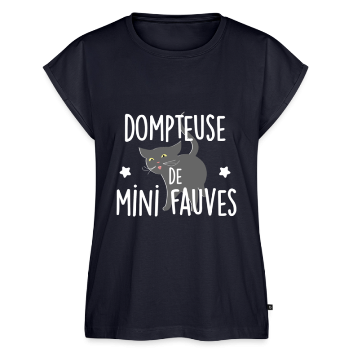 T-shirt à manches retroussées femme - Dompteuse de mini fauves - bleu marine - front