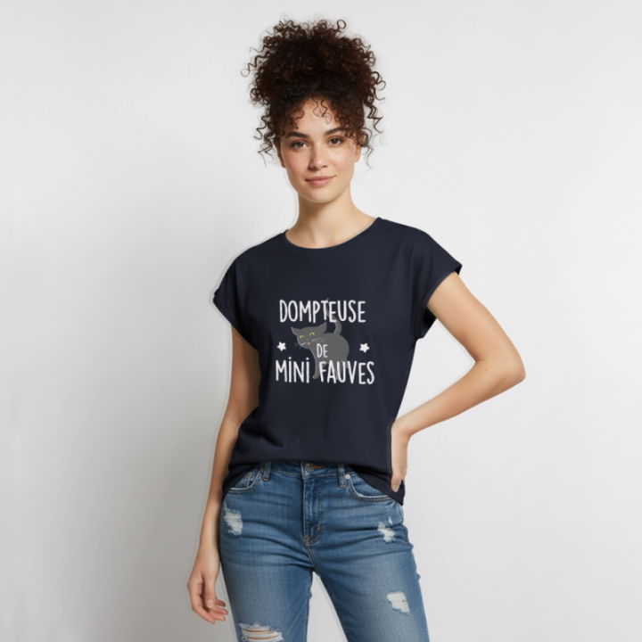 T-shirt à manches retroussées femme - Dompteuse de mini fauves - bleu marine - front