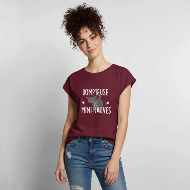 T-shirt à manches retroussées femme - Dompteuse de mini fauves - bourgogne - front