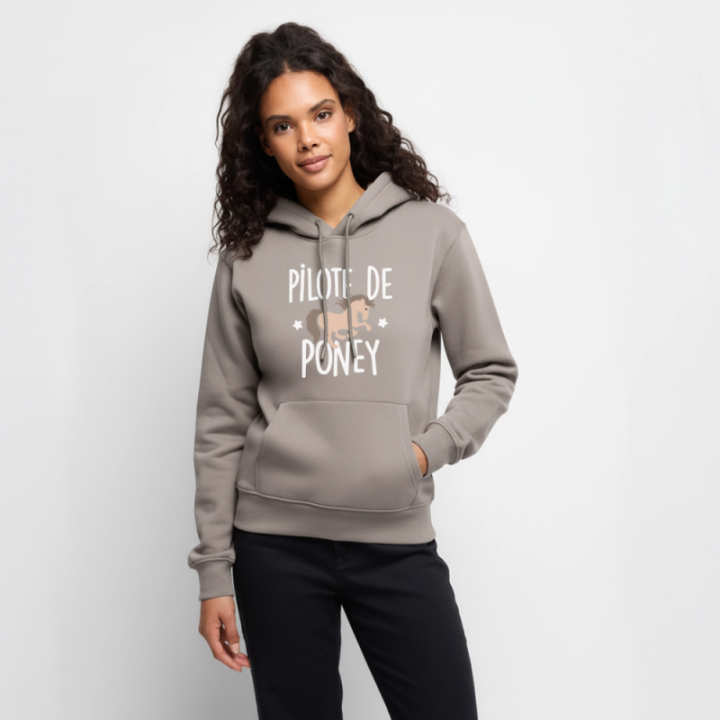 Sweat-shirt à capuche premium femme - Pilote de poney - taupe - front