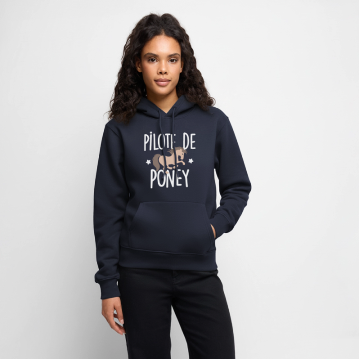 Sweat-shirt à capuche premium femme - Pilote de poney - bleu marine - front
