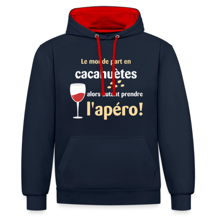 Sweat-shirt à capuche contrasté unisexe - Le monde part en cacahuètes - bleu marine/rouge - front