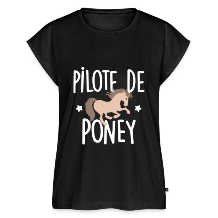 T-shirt à manches retroussées femme - Pilote de poney - noir - front
