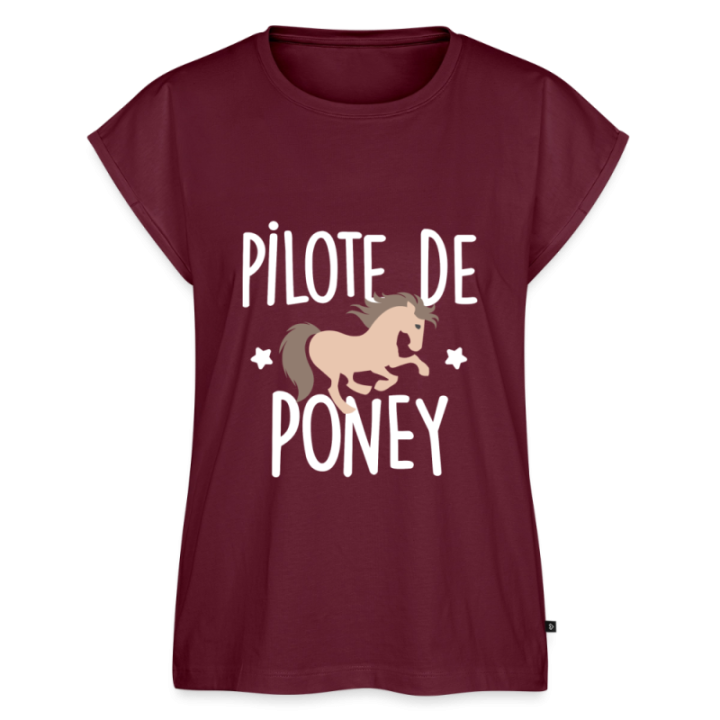 T-shirt à manches retroussées femme - Pilote de poney - bourgogne - front