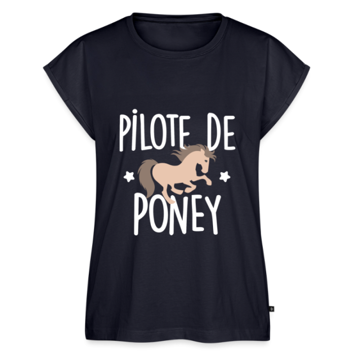 T-shirt à manches retroussées femme - Pilote de poney - bleu marine - front