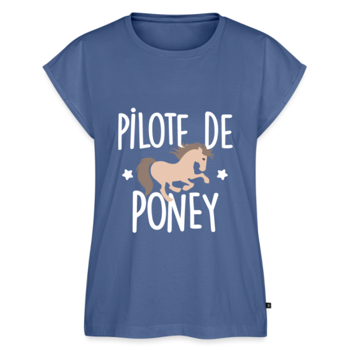T-shirt à manches retroussées femme - Pilote de poney - bleu pigeon - front