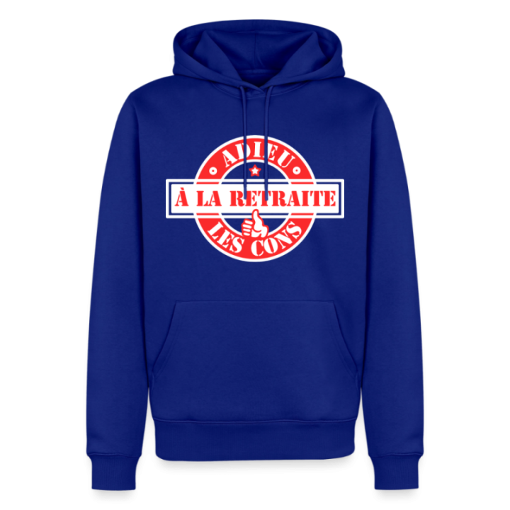 Sweat-shirt à capuche premium homme - À la retraite: Adieu les cons - bleu roi - front
