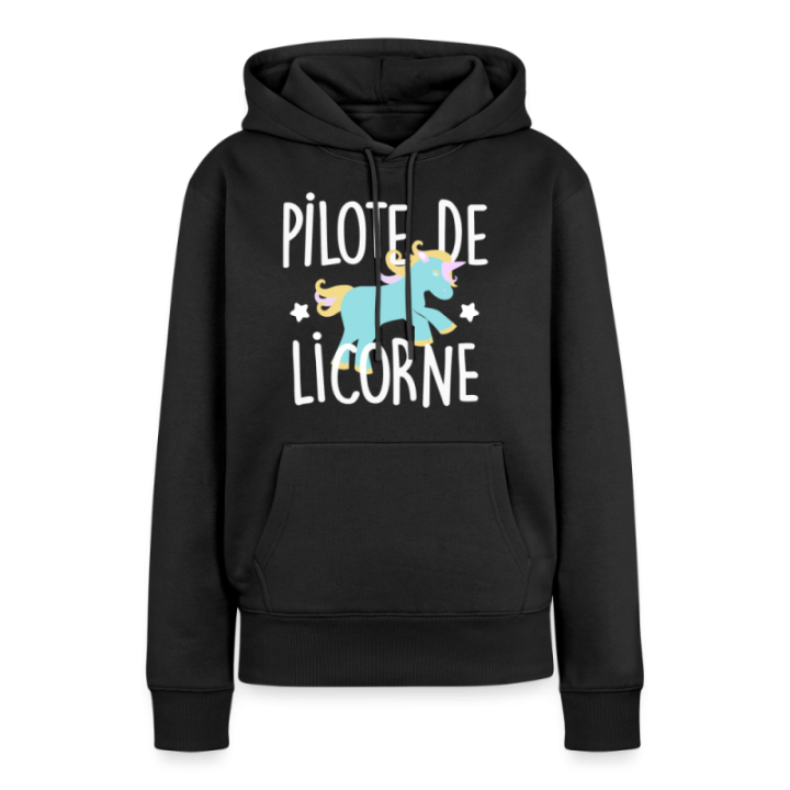 Sweat-shirt à capuche premium femme - Pilote de licorne - noir - front