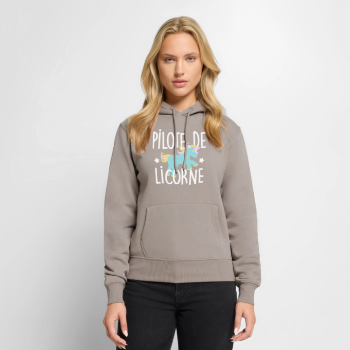 Sweat-shirt à capuche premium femme - Pilote de licorne - taupe - front