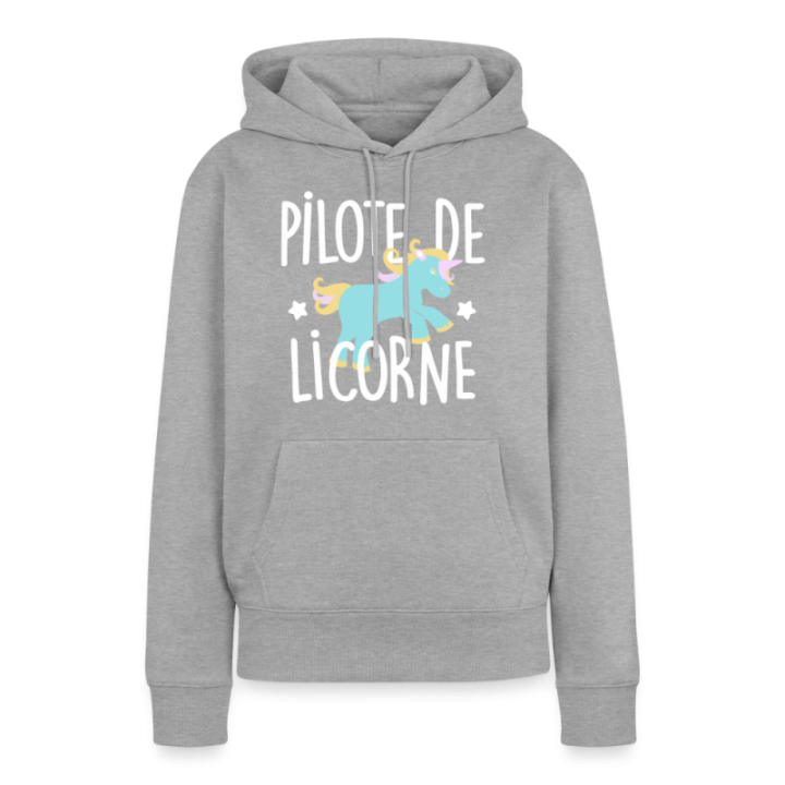 Sweat-shirt à capuche premium femme - Pilote de licorne - gris chiné - front