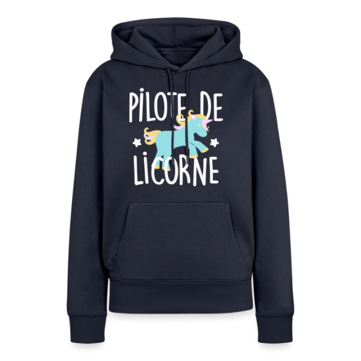Sweat-shirt à capuche premium femme - Pilote de licorne - bleu marine - front