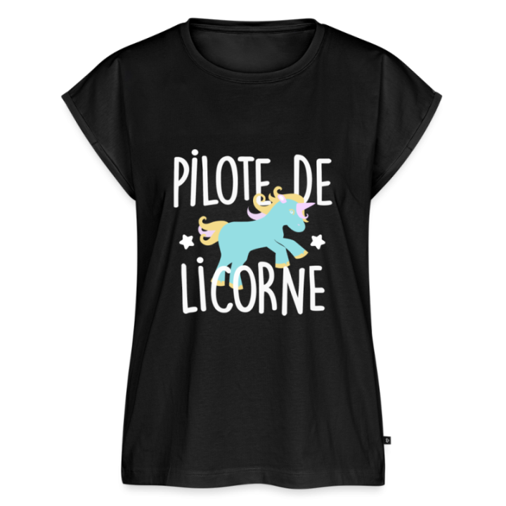 T-shirt à manches retroussées femme - Pilote de licorne - noir - front