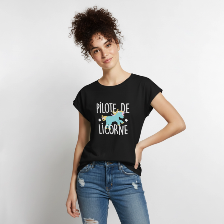 T-shirt à manches retroussées femme - Pilote de licorne - noir - front