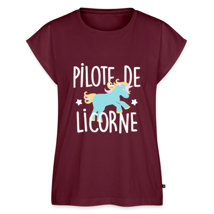 T-shirt à manches retroussées femme - Pilote de licorne - bourgogne - front