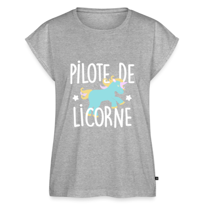 T-shirt à manches retroussées femme - Pilote de licorne - gris chiné - front