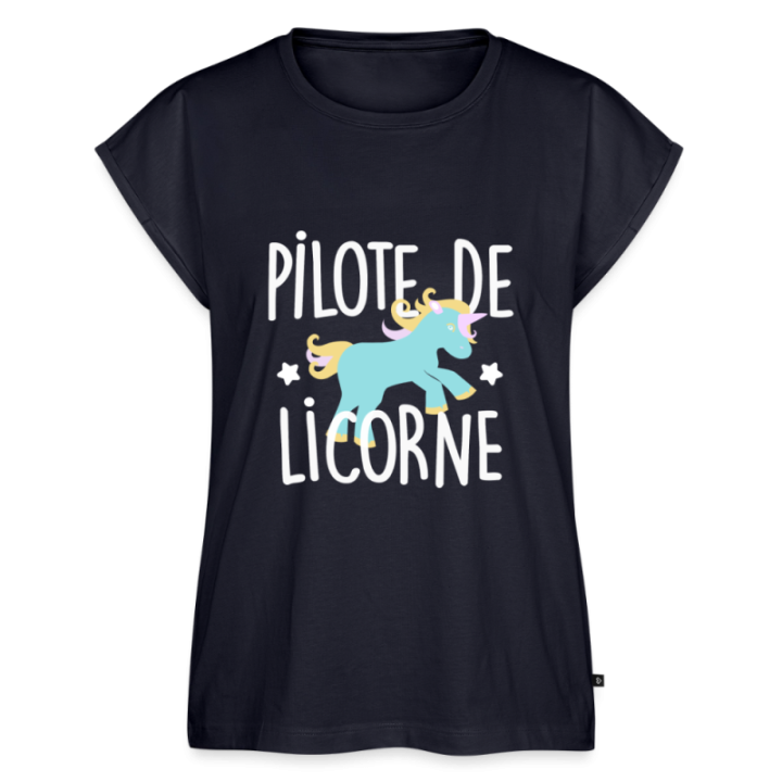 T-shirt à manches retroussées femme - Pilote de licorne - bleu marine - front