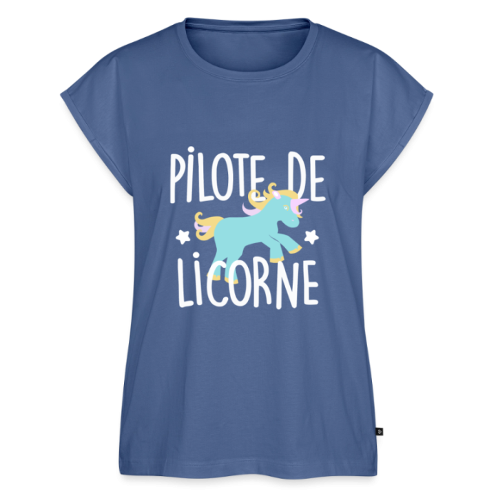 T-shirt à manches retroussées femme - Pilote de licorne - bleu pigeon - front