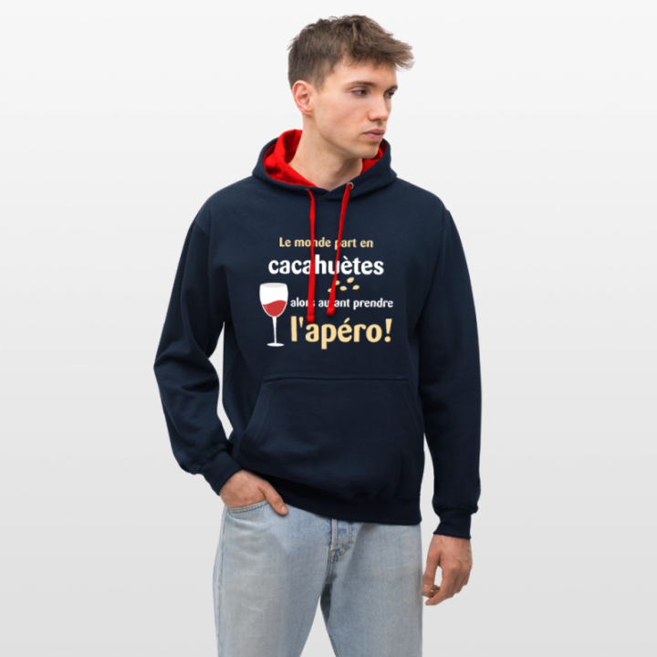 Sweat-shirt à capuche contrasté unisexe - Le monde part en cacahuètes - bleu marine/rouge - front