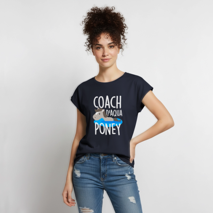 T-shirt à manches retroussées femme - Coach d'aqua-poney - bleu marine - front